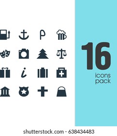 Vector Illustration Of 16 Map Icons. Editable Pack Of Map Information, Handbag, Anchor Elements.