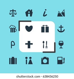 Vector Illustration Of 16 Map Icons. Editable Pack Of Anchor, Refueling, Heart And Other Elements.