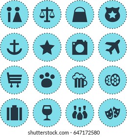 Vector Illustration Of 16 Map Icons. Editable Pack Of Shopping Cart, Anchor, Wineglass And Other Elements.