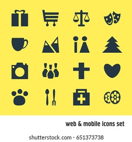 Vector Illustration Of 16 Map Icons. Editable Pack Of Skittles, Masks, Pet Shop And Other Elements.