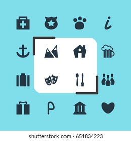 Vector Illustration Of 16 Map Icons. Editable Pack Of Beer Mug, Map Information, Present And Other Elements.
