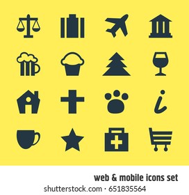 Vector Illustration Of 16 Map Icons. Editable Pack Of Coffee Shop, Aircraft, Cross And Other Elements.