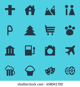 Vector Illustration Of 16 Map Icons. Editable Pack Of Pet Shop, Landscape, Home Elements.
