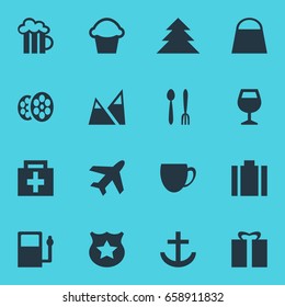Vector Illustration Of 16 Map Icons. Editable Pack Of Drugstore, Aircraft, Anchor And Other Elements.