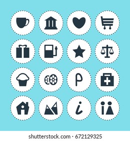 Vector Illustration Of 16 Map Icons. Editable Pack Of Toilet, Bookmark, Film And Other Elements.