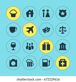 Vector Illustration Of 16 Map Icons. Editable Pack Of Cop, Wineglass, Home And Other Elements.