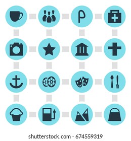 Vector Illustration Of 16 Map Icons. Editable Pack Of Film , Handbag, Refueling Elements.