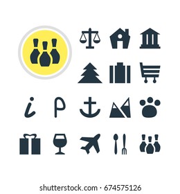 Vector Illustration Of 16 Map Icons. Editable Pack Of Map Information, Car Park, Wineglass And Other Elements.