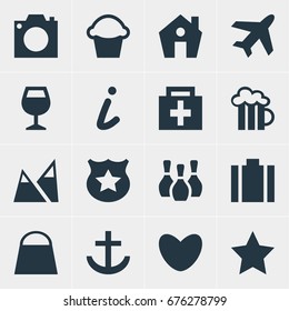 Vector Illustration Of 16 Map Icons. Editable Pack Of Drugstore, Aircraft, Handbag Elements.