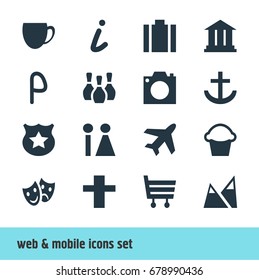 Vector Illustration Of 16 Map Icons. Editable Pack Of Toilet, University, Cross And Other Elements.