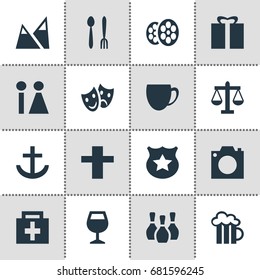 Vector Illustration Of 16 Map Icons. Editable Pack Of Landscape, Anchor, Cop Elements.