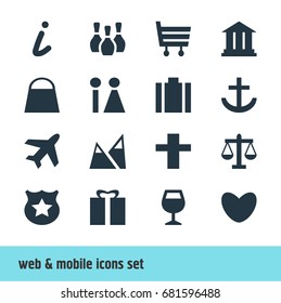 Vector Illustration Of 16 Map Icons. Editable Pack Of Present, University, Landscape Elements.