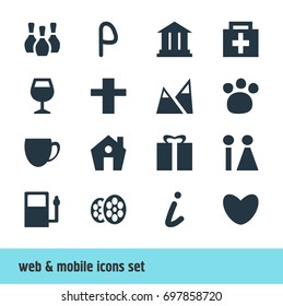 Vector Illustration Of 16 Map Icons. Editable Pack Of Cross, Heart, Skittles And Other Elements.