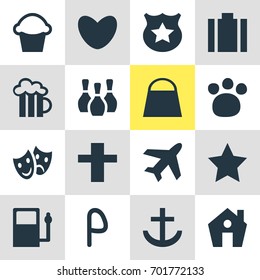 Vector Illustration Of 16 Map Icons. Editable Pack Of Heart, Car Park, Briefcase And Other Elements.