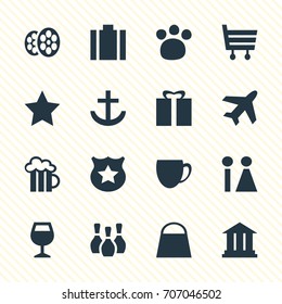 Vector Illustration Of 16 Map Icons. Editable Pack Of University, Wineglass, Present And Other Elements.