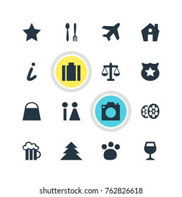 Vector Illustration Of 16 Map Icons. Editable Set Of Scales, Jungle, Toilet And Other Elements.