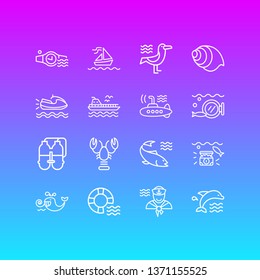 Vector illustration of 16 marine icons line style. Editable set of lobster, cetacean, underwear diving watch and other icon elements.