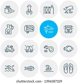 Vector illustration of 16 marine icons line style. Editable set of smoked fish, sardine, eel and other icon elements.