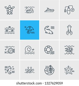 Vector illustration of 16 maritime icons line style. Editable set of cramp fish, coral, salmon and other icon elements.