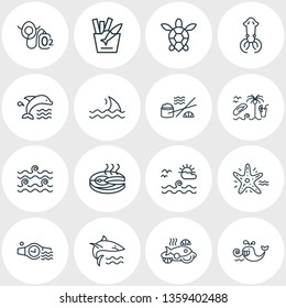 Vector illustration of 16 maritime icons line style. Editable set of sea turtle, summer vacation, fish with chips and other icon elements.