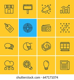 Vector Illustration Of 16 Marketing Icons. Editable Pack Of Statistics, Fm Broadcasting, Circle Diagram And Other Elements.