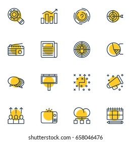 Vector Illustration Of 16 Marketing Icons. Editable Pack Of Fm Broadcasting, Advertising Billboard, Advancement And Other Elements.