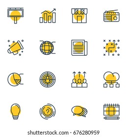 Vector Illustration Of 16 Marketing Icons. Editable Pack Of Cloud Distribution, Fm Broadcasting, Aiming And Other Elements.