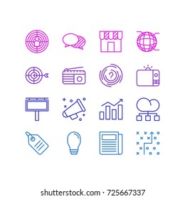 Ilustración Vector De 16 Iconos De Comercialización. Paquete Editable De Prensa, Tienda, Distribución En Nube Y Otros Elementos.