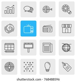 Vector Illustration Of 16 Marketing Outline Icons. Editable Set Of Discount Label, Maze, Aiming And Other Elements.