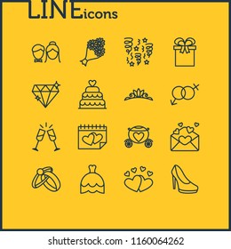 Vector illustration of 16 marriage icons line style. Editable set of heeled shoes, brougham, gift and other icon elements.