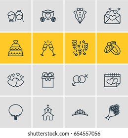 Vector Illustration Of 16 Marriage Icons. Editable Pack Of Engagement, Bridal Bouquet, Accessories And Other Elements.