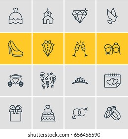 Vector Illustration Of 16 Marriage Icons. Editable Pack Of Patisserie, Engagement, Accessories And Other Elements.