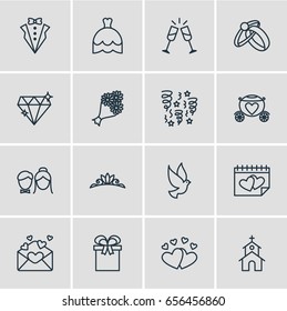 Vector Illustration Of 16 Marriage Icons. Editable Pack Of Couple, Wineglass, Accessories And Other Elements.