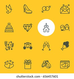 Vector Illustration Of 16 Marriage Icons. Editable Pack Of Calendar, Sexuality Symbol, Present And Other Elements.