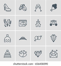 Vector Illustration Of 16 Marriage Icons. Editable Pack Of Wineglass, Calendar, Card And Other Elements.