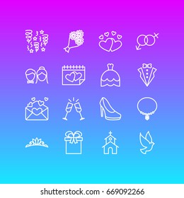 Vector Illustration Of 16 Marriage Icons. Editable Pack Of Couple, Pigeon, Card And Other Elements.