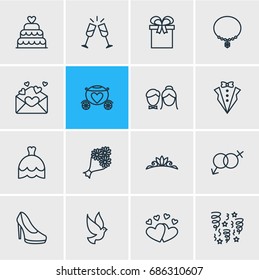 Vector Illustration Of 16 Marriage Icons. Editable Pack Of Love, Chariot, Jewelry And Other Elements.