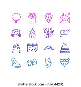 Vector Illustration Of 16 Marriage Icons. Editable Pack Of Present, Card, Pigeon And Other Elements.