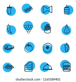 Vector illustration of 16 meal icons line style. Editable set of meal, paper cup, vineyard and other icon elements.