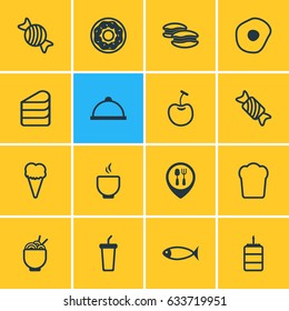 Vector Illustration Of 16 Meal Icons. Editable Pack Of Cake, Sundae, Spaghetti And Other Elements.