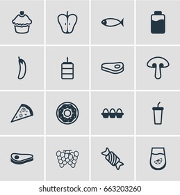 Vector Illustration Of 16 Meal Icons. Editable Pack Of Jar, Sirloin, Seafood And Other Elements.