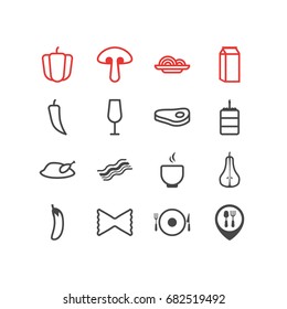Vector Illustration Of 16 Meal Icons. Editable Pack Of Aubergine, Chili, Macaroni And Other Elements.