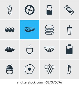 Vector Illustration Of 16 Meal Icons. Editable Pack Of Container, Scrambled Egg, Summer Fruit And Other Elements.