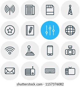 Vector illustration of 16 media icons line style. Editable set of tv, floppy disk, keyboard and other icon elements.