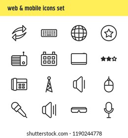 Vector illustration of 16 media icons line style. Editable set of megaphone, tablet, reload and other icon elements.
