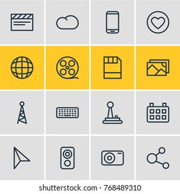 Vector Illustration Of 16 Media Outline Icons. Editable Set Of Date, Photo Apparatus, Picture And Other Elements.