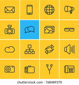 Vector Illustration Of 16 Media Outline Icons. Editable Set Of Hierarchy, Share, Storage And Other Elements.