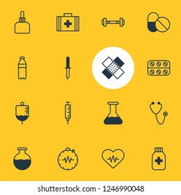 Vector illustration of 16 medical icons line style. Editable set of stethoscope, bandage, urn icon elements.