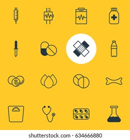 Vector Illustration Of 16 Medical Icons. Editable Pack Of Painkiller, Pipette, Heartbeat And Other Elements.