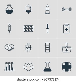 Vector Illustration Of 16 Medical Icons. Editable Pack Of Medicine, Pharmaceutical, Flask And Other Elements.